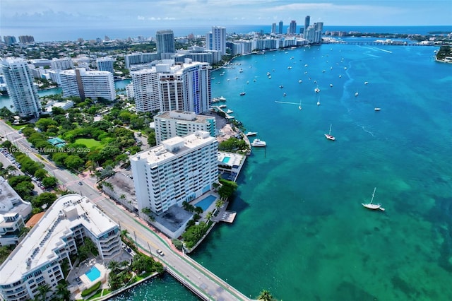 drone / aerial view featuring a water view