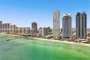 view of home's community with a water view and a view of the beach