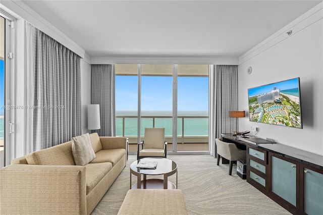 living room with expansive windows and crown molding