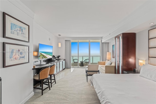 bedroom with expansive windows, light carpet, and crown molding