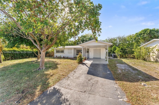 ranch-style home featuring a front lawn and a carport