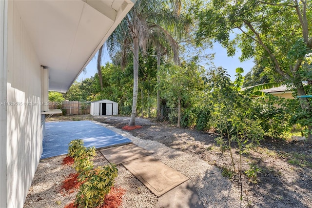 view of patio / terrace featuring a shed