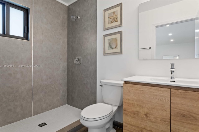 bathroom featuring a shower, vanity, and toilet