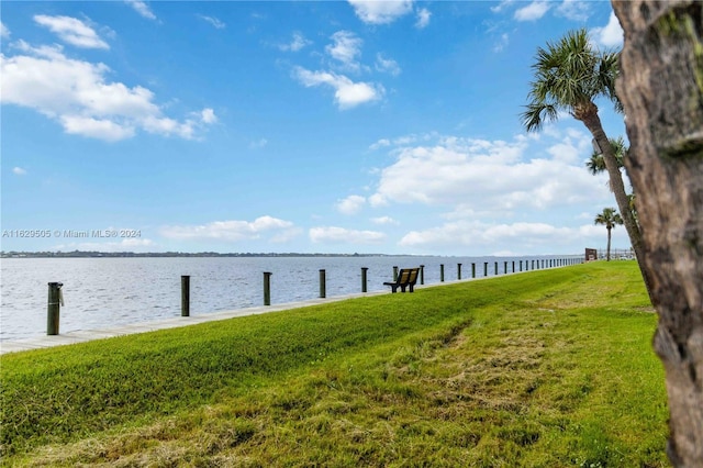 dock area featuring a lawn and a water view