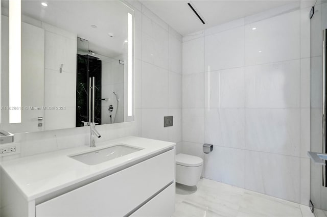 300 Biscayne Blvd Way Unit 1607, Miami, FL 33131 - full bathroom with vanity, marble finish floor, toilet, tile walls, and a walk in shower