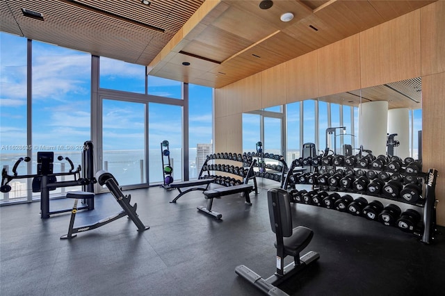 workout area featuring wood ceiling, a wealth of natural light, floor to ceiling windows, and a water view