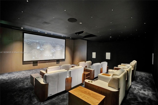 cinema room featuring dark colored carpet