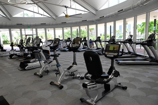 gym with high vaulted ceiling and carpet