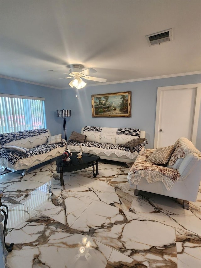 tiled living room with crown molding and ceiling fan