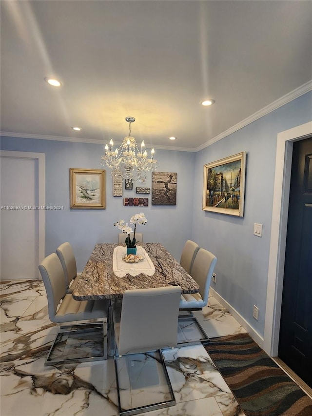 tiled dining room featuring a notable chandelier and crown molding