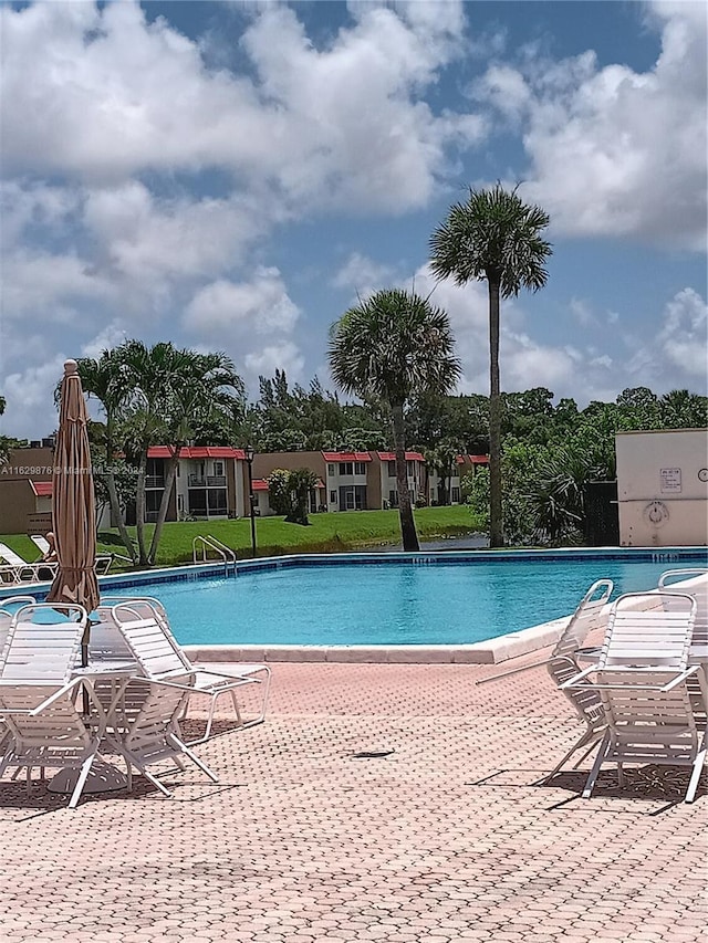 view of pool with a yard and a patio