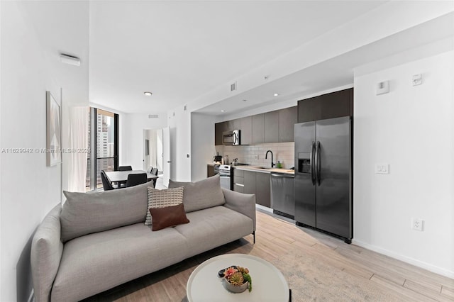 living room featuring sink and light wood-type flooring