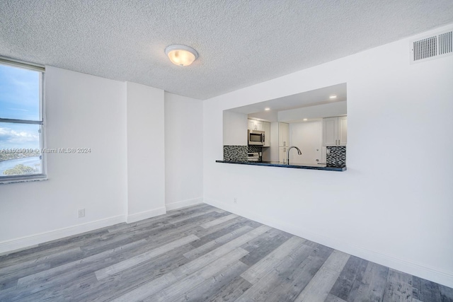 empty room with a textured ceiling, sink, and wood-type flooring