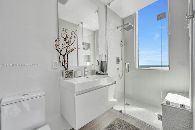 bathroom with vanity, a shower with shower door, and toilet