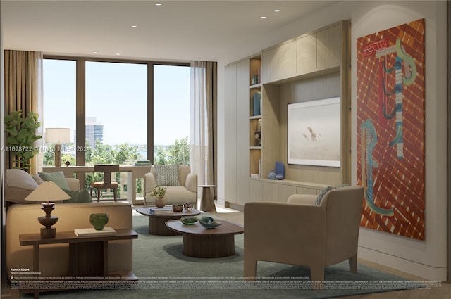 1177 Hillsboro Mile Unit 501, Hillsboro Beach, FL 33062 - living area featuring floor to ceiling windows, recessed lighting, and built in shelves