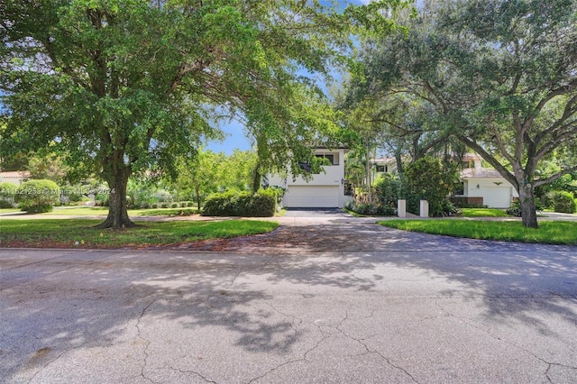 view of property hidden behind natural elements featuring a garage