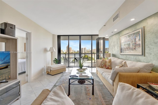 living room with floor to ceiling windows