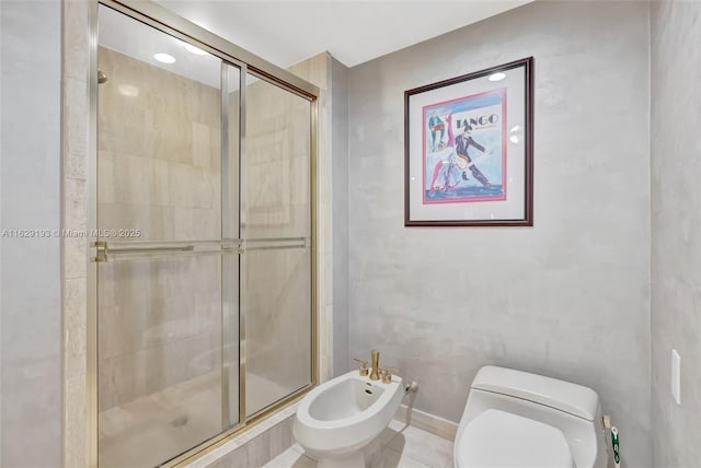 bathroom with a bidet, toilet, tile patterned flooring, and a shower with door