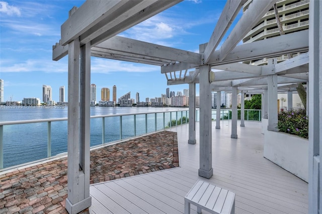 deck featuring a water view