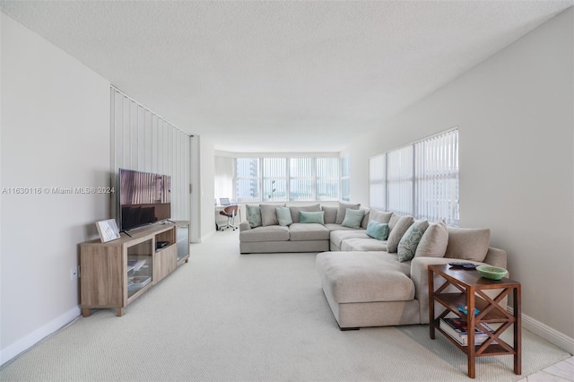 living room with light carpet and a textured ceiling