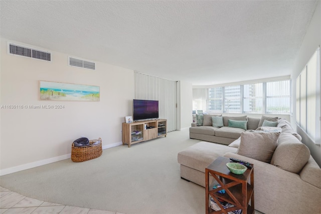 living room featuring a textured ceiling, a wealth of natural light, and light colored carpet