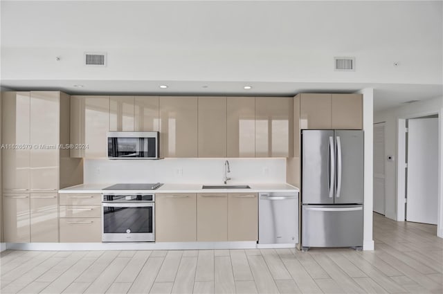 kitchen with light hardwood / wood-style floors, sink, and stainless steel appliances