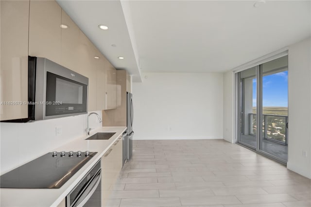 kitchen featuring stainless steel appliances, floor to ceiling windows, sink, and cream cabinets