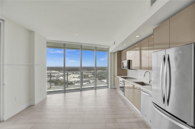 kitchen with stainless steel appliances, expansive windows, sink, and plenty of natural light