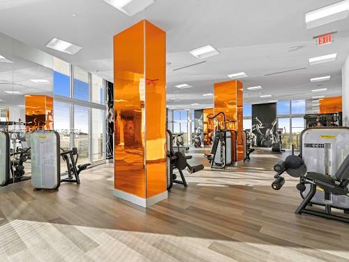 exercise room featuring light hardwood / wood-style flooring and expansive windows