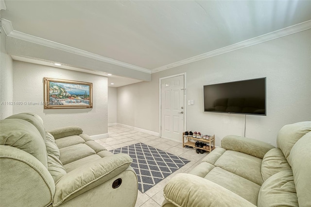 tiled living room with crown molding