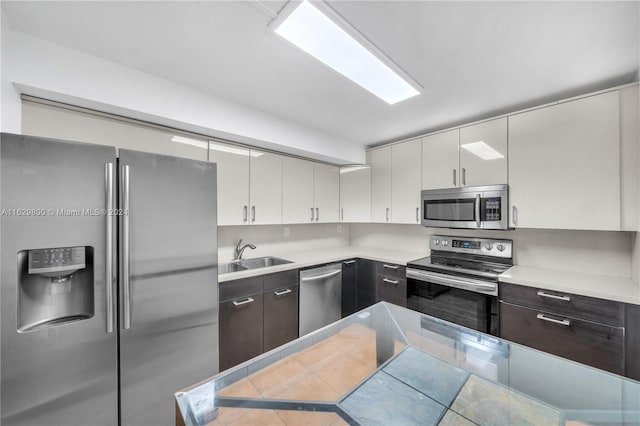 kitchen with white cabinetry, sink, dark brown cabinetry, and appliances with stainless steel finishes