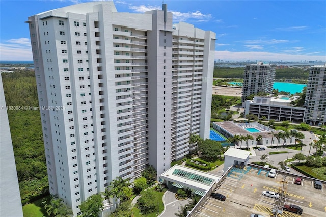 view of building exterior with a water view