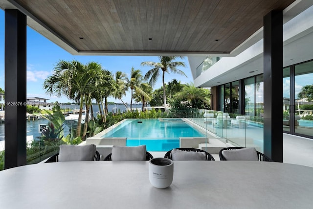 view of pool with a water view