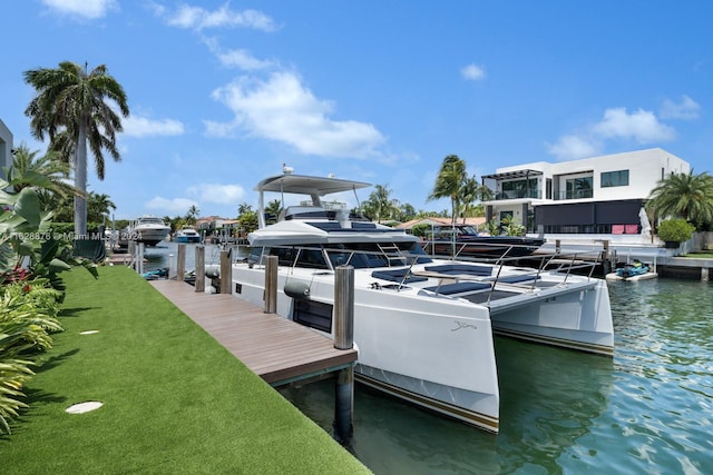 view of dock featuring a water view and a lawn