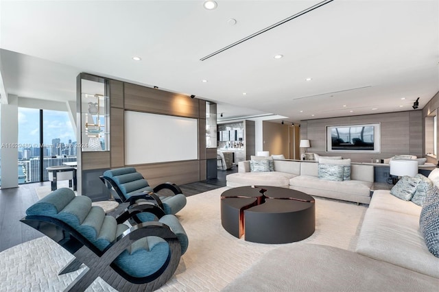 living room with hardwood / wood-style flooring and expansive windows