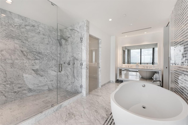 bathroom with independent shower and bath, vanity, and tile patterned floors