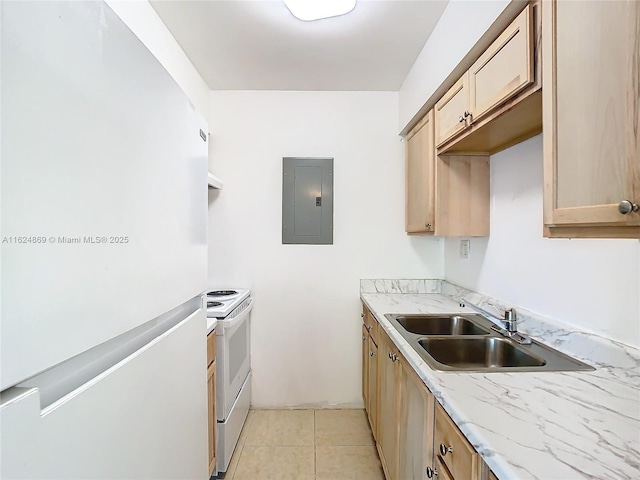 kitchen with light brown cabinetry, sink, white appliances, and electric panel