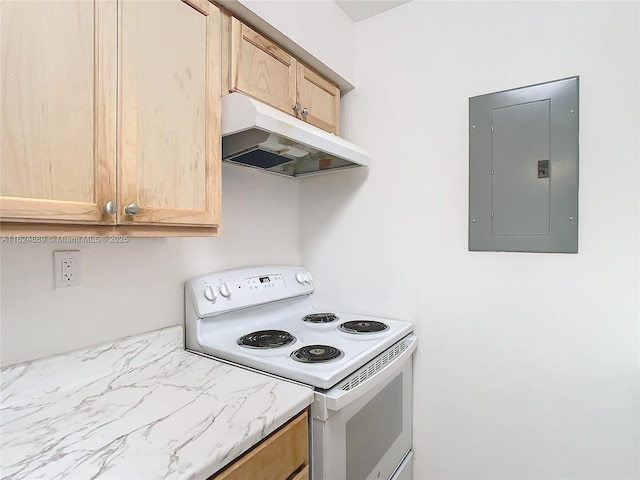 kitchen featuring light brown cabinetry, white electric range, and electric panel