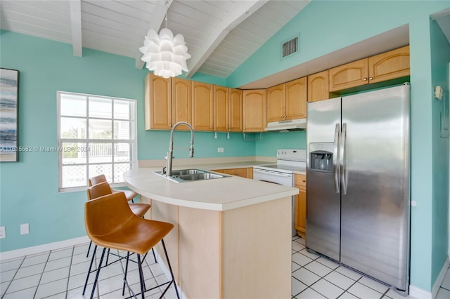 kitchen with white electric range, lofted ceiling with beams, sink, light tile patterned floors, and stainless steel refrigerator with ice dispenser