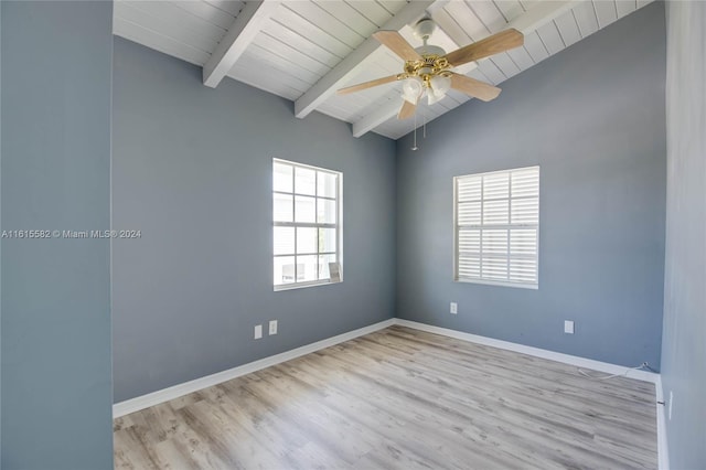 spare room with light hardwood / wood-style flooring, lofted ceiling with beams, wooden ceiling, and ceiling fan