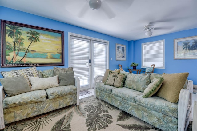 living room with ceiling fan