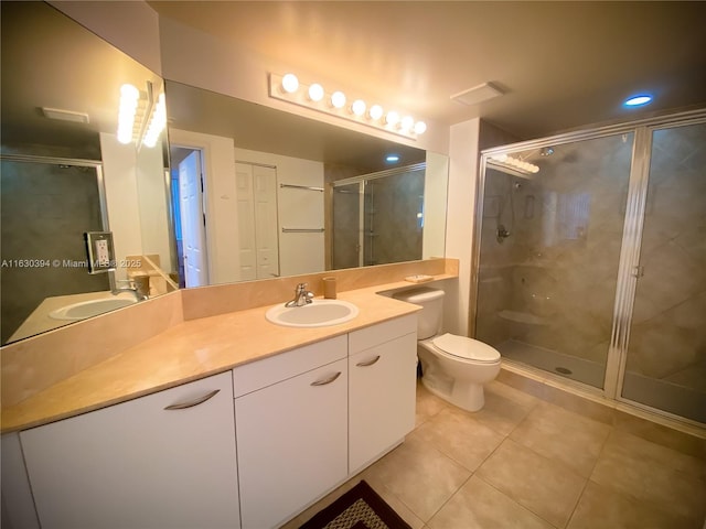 bathroom with tile patterned flooring, toilet, visible vents, vanity, and a stall shower