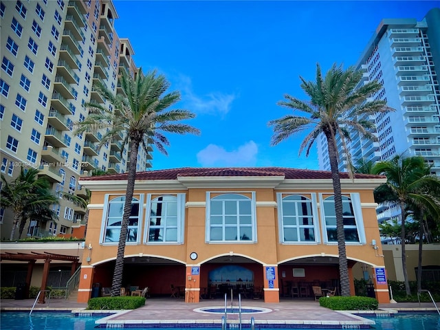 view of building exterior featuring a community pool