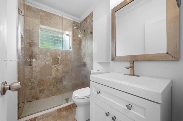 bathroom with vanity, crown molding, an enclosed shower, toilet, and tile patterned flooring