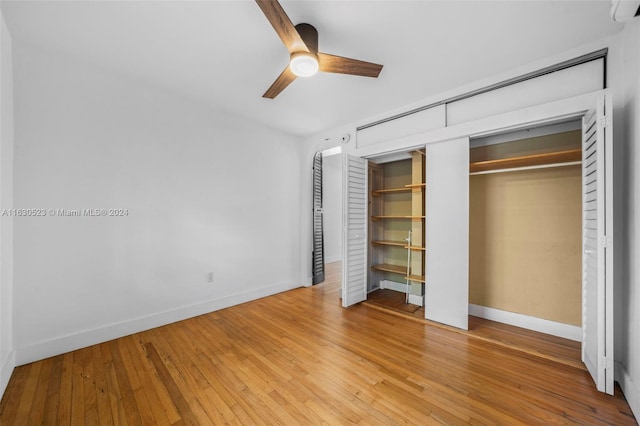 unfurnished bedroom featuring ceiling fan and light wood-type flooring