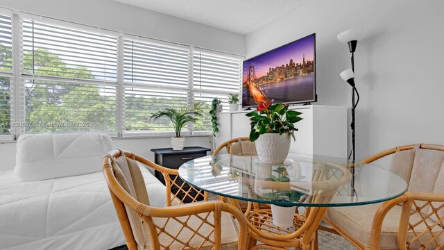 dining space featuring a textured ceiling