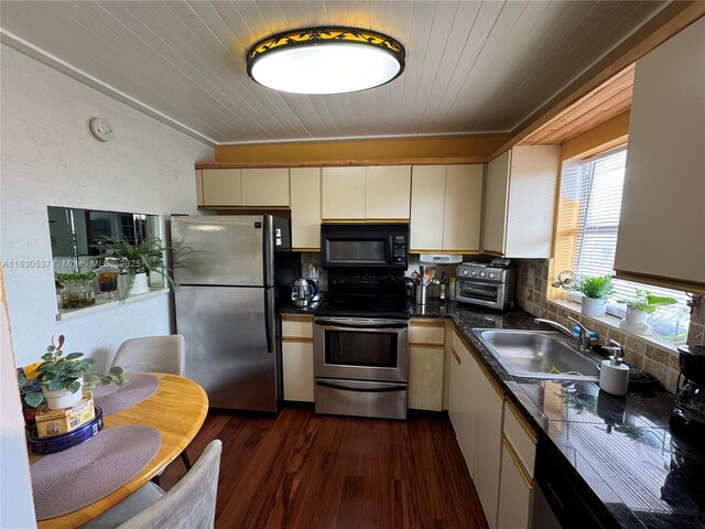 kitchen with decorative backsplash, stainless steel appliances, dark hardwood / wood-style floors, and sink