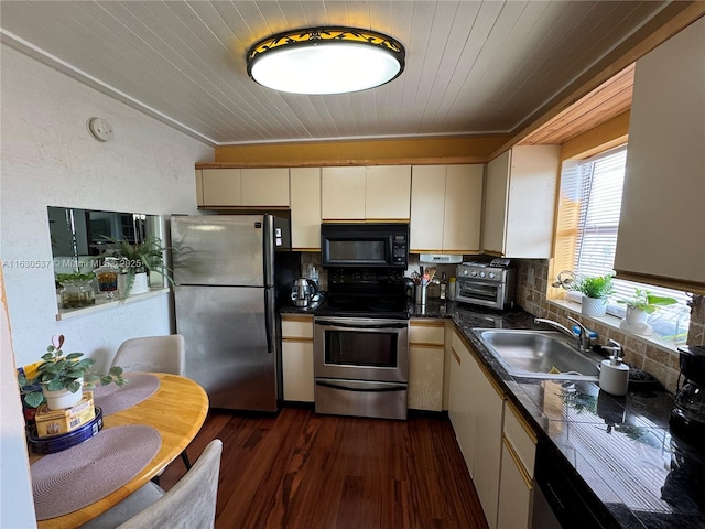 kitchen with appliances with stainless steel finishes, sink, backsplash, white cabinets, and dark hardwood / wood-style flooring