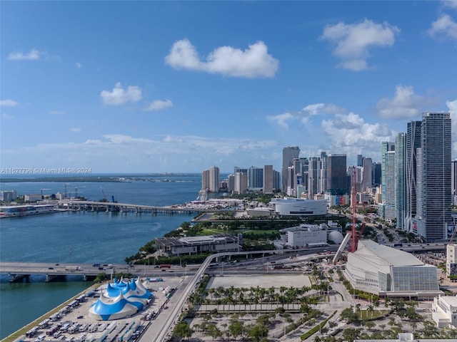 aerial view featuring a water view