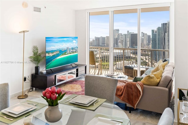 living room with a wall of windows